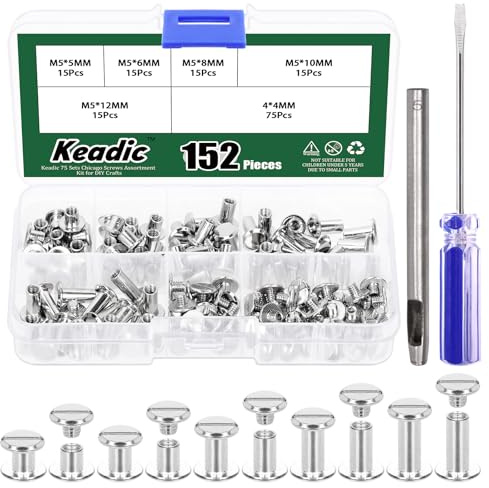 Keadic 152Pcs 5 Sizes Chicago Screws Assortment Set with Setting Tool, M5 x 5/6/8/10/12mm Flat Head Leather Rivets, Bookbinding Posts Nail Studs for Purse Collar Belt Shoes DIY (Silver)