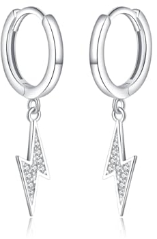 Reffeer Pendientes de aro de plata de ley 925 con diseño de rayo para mujer, aretes de tuerca de rayo de circonita cúbica, 1 Inch, Plata de ley, Circonia cúbica