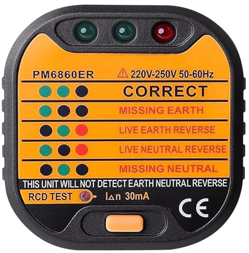 Xrten Testeur de Prise, Testeur de Circuit Electrique, Détecteur de Polarité de Circuit 220-250V, avec Test RCD, Adapté À la Détection de Câblage de Prise de Courant