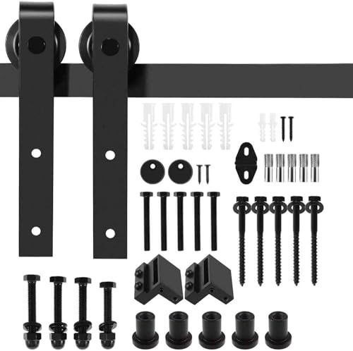 Sliding Barn Door Hardware Kit, Heavy Duty Carbon Steel J-Shape Hangers, Smooth & Quiet Rolling Track Rail System for Single Wooden Door, Fits 35-45mm Thickness, Matte Black(Black, 8FT)