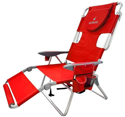 Ostrich Deltess 3N1 Portable Tanning Chair, Reclining Outdoor Lounger, and Cooler Bag, Lightweight and Adjustable, Red