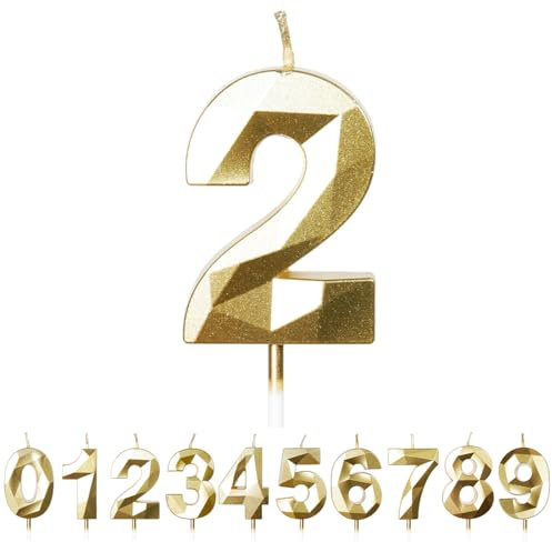 FUZVOL Birthday Cake Candles, Gold Number 2 Candle,Cake Topper Decorations