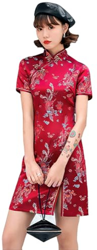 ZNLFS Abito da donna Cheongsam aderente collo alla coreana manica corta slim fit spacco laterale stampa floreale drago mini Qipao