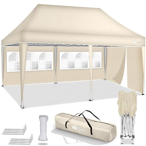 tillvex Tonnelle étanche 3 x 6 m, pliable, pop-up, réglable en hauteur, protection UV 50+, tente de réception avec sac, pour jardin, avec 3 panneaux latéraux (beige)