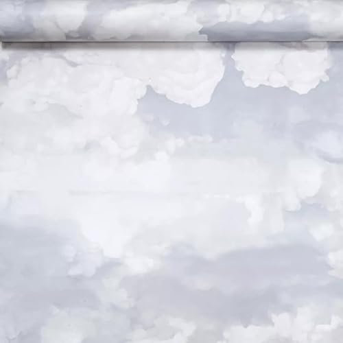 SOPHIE LAURENCE Hazy Day Clouds Wallpaper - Modern Peelable Paste The Paper, White Grey Blue Mix, Extra Washable for Any Room, 0.53m x 10.05m Roll, 1mm Thick, Coverage 5.32sqm, Made in Belgium