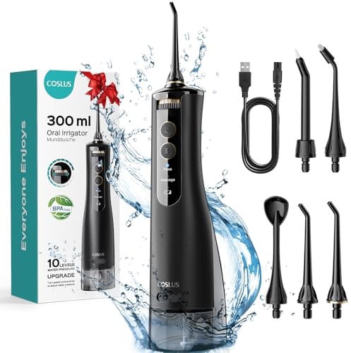 COSLUS Water Flosser, Water Dental Flosser for Teeth, 2025 Upgrded 10 Levels Smooth Control Portable Rechargeable Waterproof Oral Irrigator, 300ML & 5Jet Tips Electric Flossing Dental Pick for Travel