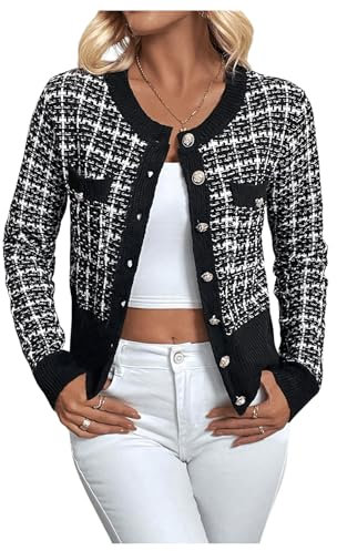 GORGLITTER Damen Kariert Cardigan Strickjacke Elegant Strickmantel Outwear Pullover Pulli Dünne Jacke Sweater mit Plaid Muster Schwarz und Weiß S