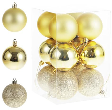 RELONGGI 6cm Weihnachtskugeln Gold - 12pcs Christbaumkugeln aus Plastik, Splitterfrei, 3stile und in Tollen Farben (Gold, 6cm)