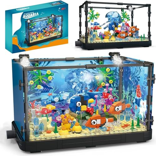 Ebortsin Aquarium Ideas Bausteine, Aquarium Klemmbausteine Meeresquallen, Krabben, Fische Wassertiere Bausteine, Geschenk für Erwachsene und Jungen Mädchen, 725 Teile