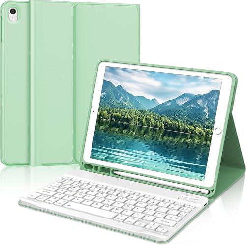 IVEOPPE for iPad 6th Generation 2018 Case Keyboard | Keyboard for iPad 5th Generation 2017/ Pro 2016/ Air 2/1- UK Layout Detachable Bluetooth Keypad, Case with Pencil Holder- Green