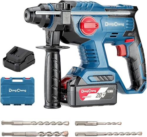 Dong Cheng 20V MAX Cordless Rotary Hammer Drill, 7/8 Inch SDS-Plus, 4 Modes, Adjustable Handle, with 4.0Ah Battery, 4 Drill Bits for Concrete/Brick/Wall/Metal (Rotary Hammer)