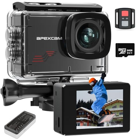 Apexcam M80 Action Camera with 64GB Card 4K 60FPS 48MP 40M Ultra HD Camera Underwater Waterproof Sport Camera 8X Zoom Pre-Recording WIFI Wide Angle with 2x1350 Battery Holder Set Accessories Kits