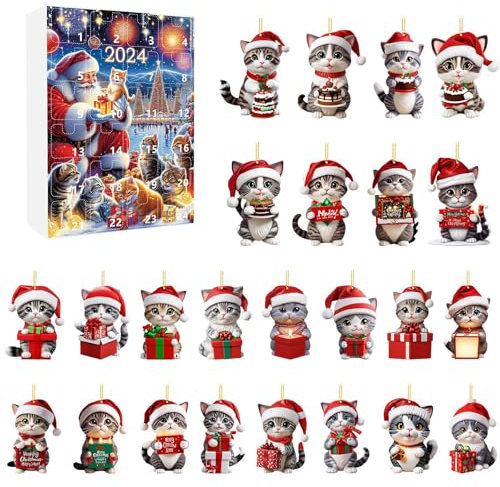 Katzen-Adventskalender 2024, 24-Tage-Countdown-Kalender for Weihnachten, enthält 24 Geschenke, realistische 2D-Katzen-Acrylfigur for Aufhängen, Ornament for Weihnachtsbaum und Geschenk, Heimdekoration