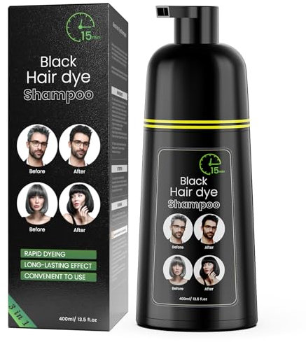 Black Hair Dye Shampoo, Haarfarbe Schwarz, Semi-Permanentes Haarfärbeshampoo für Frauen und Männer, Pflanzliche Inhaltsstoffe, Grauabdeckung, 400 ml