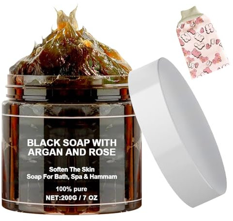 KOAHDE Black Soap With Argan Oil,African Black Soap,Natural African Black Soap,Body Exfoliating Soap,Black Soap Dispenser Bathroom,African Black Soap Bar,200G And 1PC Rubbing and Bathing Towels