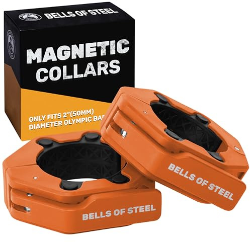 Magnetic Barbell Collars [Bells of Steel] Version 2.0 Premium Weight Bar Clamps, Quick Release Barbell Clips, Olympic Barbell Clamps, High-Strength Nylon Gym Clips, Pair, Orange