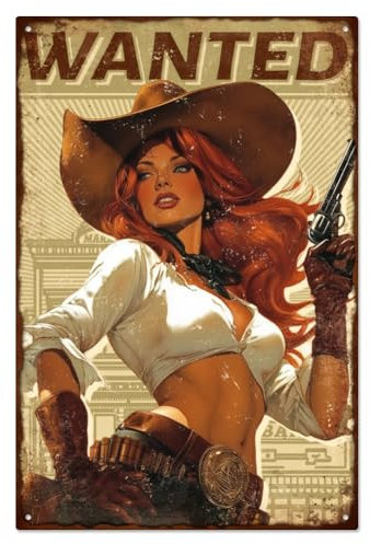 WADORN Cowgirl Pin Up Lady Metall Blechschild, 20x30cm Lustiges Western Cowgirl Retro Blechschild Für Männerhöhlen Vintage Wandkunst Poster Dekoration Für Bar Cafe Garage Club