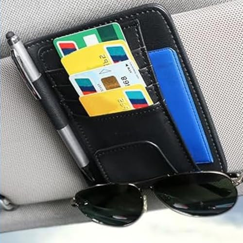 Auto Sonnenblende Kartenhalter, 15.5 × 12.5 cm Leder Sonnenblende Organizer Clip, enthältn 4 Kartenfächer, 1 Stiftschlaufe, 1 Seitentasche und 1 Brillenclip, für die Meisten Autos (Schwarz)