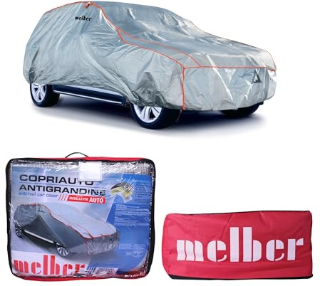 Melber Telo Antigrandine Auto Taglia M, Imbottitura 6mm Alta Protezione, Copriauto Esterno Impermeabile e Antigraffio, Tessuto Anti-UV, Cinghie Antivento, 440x165x119 cm, 4 Stagioni, Argento