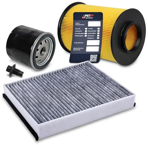 ATEC Inspektionspaket Set A mit 1x Ölfilter, 1x Innenraumfilter (Aktivkohle), 1x Luftfilter, 1x Ölablassschraube, 1x Ölwechselanhänger Kompatibel mit FORD C-MAX Mk2, FOCUS, GRAND C-MAX, KUGA, VOLVO