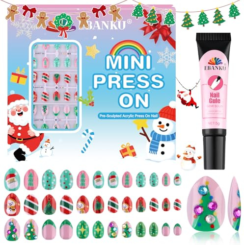 EBANKU Noël Enfant Ongles à Presser, Kit de 72 Faux Ongles Amande Design Complet Arbre de Noël avec Colle à Ongles pour Fille