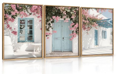 ANHUIB Stadtlandschaft Leinwand Wandbild mit Rahmen Rosa Blumen Leinwandbild Wandbilder Set Mmittelmeerlandschaft Modern Leinwand Bilder Poster Wandkunst Deko für Wohnzimmer Schlafzimmer Bad 30×40cm