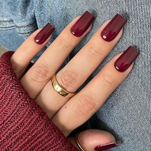 DMQ Burgundy Press on Nails Long Square, 24Pcs Dark Red False Nails Medium Coffin, Wine Red Glossy Gel Fake Nails Press on, Christmas Stick on Nail with Glue for Women Fall Winter Nail Art Manicure