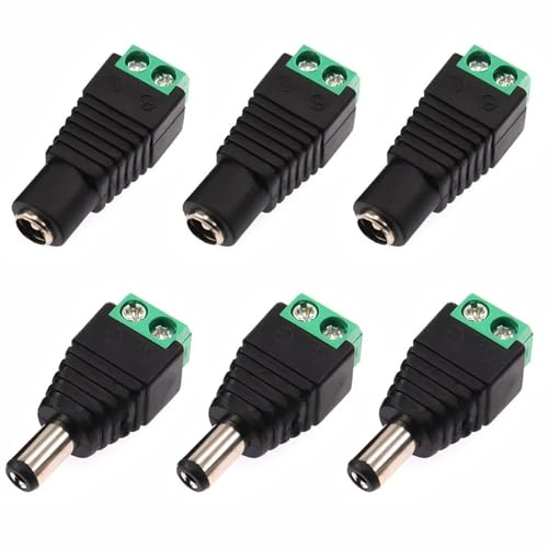 Whispern Cloud 3 Pairs 5.5x2.1mm DC Power Connectors Male Female for CCTV | No-Solder Screw Terminal DC Adapters, Black PVC Housing, 12V Compatible for Security Camera DVR System LED Strip Lighting
