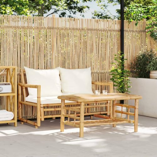 Yunovire Set di 2 divani da giardino in bambù, con cuscino bianco crema, tavolo 90 x 50 x 45 cm, mobili per esterni, per balcone, terrazza, veranda, giardino