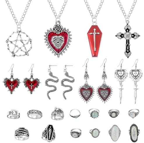 UJBVCX 21 Stück Grunge Y2K Punk Vintage Emo Schmuck Set Gothic Accessoires für Damen Herren Ohrringe Ringe Halskette