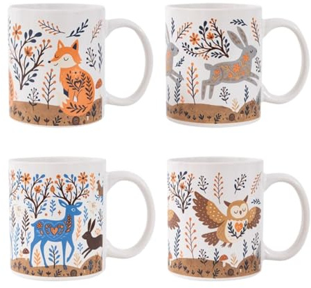Set of 4 Mugs Woodland Animal Forest 11oz Cup Fox Deer Rabbit Owl Boho Designs Microwave Dishwasher Safe Kitchen Coffee Tea Mug Durable AB Grade Stoneware 8cm x 9.5cm
