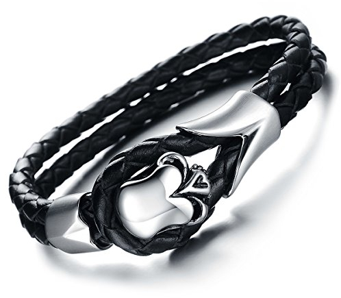 Cupimatch Lederarmband, Gothik-Stil mit Totenkopf-Anhänger, schwarz und silberfarben, 21 cm
