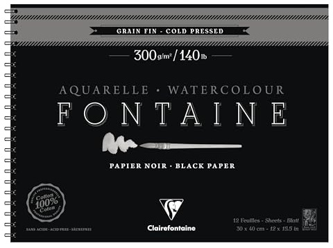 Clairefontaine - Ref 975312C - Fontaine Cold Pressed Black Watercolour Wirebound Pad (12 Sheets) - 30 x 40cm Size, 300gsm Paper - Suitable for Watercolour Artwork