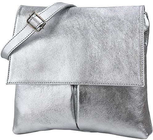 SH Leder Echtleder Umhängetasche Schultertasche Crossover aus Gernarbt Rindleder 26x25cm Kim G182 (Silber Metallic)