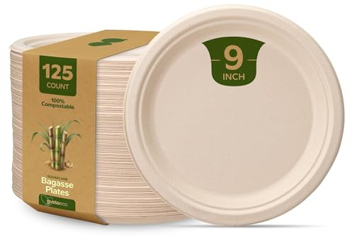 Comfy Package 100% Compostable Paper Plates [125 Pack] – 9 Inch Heavy-Duty Eco-Friendly Disposable Sugarcane Plates, Brown Unbleached, Biodegradable & Bagasse Fibre, Microwave Safe