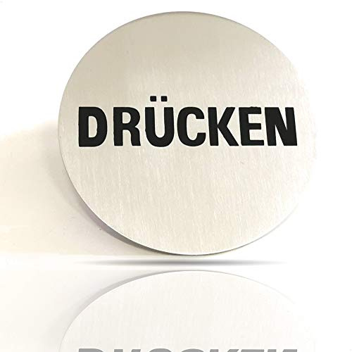 Kerafactum Drücken Push Tür Türknauf Knauf Hinweis Gebotsschild Hinweisschild Türschild Rund aus Edelstahl matt glänzend Pictogramm rundes Schild Symbol Selbstklebend