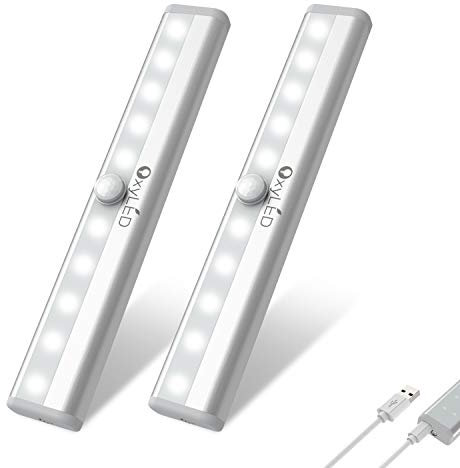 OxyLED Bewegungsmelder Innen, Led Schrankbeleuchtung 2 Stück Kleiderschrank Beleuchtung mit Magnetstreifen USB Schranklicht 6000K Led Bewegungssensor Unterschrank Leuchten Set für Küche Treppe