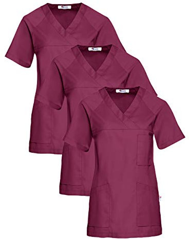 CLINIC DRESS Schlupfkasack 3er-Pack Damen Kasacks für Pflege Ärzte und Ärztinnen Praxisteam V-Ausschnitt Raglanärmel 95 Grad Wäsche Berry M