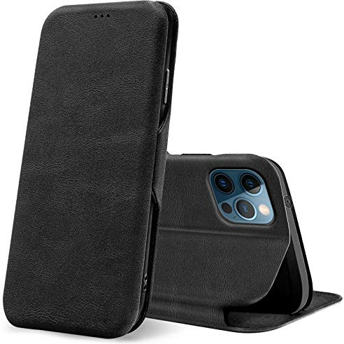 CoolGadget Klapphülle für iPhone 12, iPhone 12 Pro mit Kartenfach Schwarz | Business Flip Case mit Standfunktion, Magnetverschluss, strukturierte Oberfläche, schlank und leicht