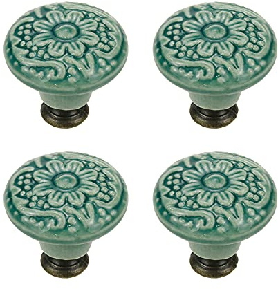 Geesatis 4 Pcs Ceramic Round Cabinet Knobs Green, Single Hole Drawer Pulls | Vintage Ceramic Knobs, 1.4in Diameter, Single Hole,Fit Cabinet, Drawer, Cupboard,Zinc Base, Screws Included, Easy Install