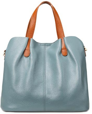 DIRRONA Borsa Donna in Vera Pelle – Elegante Borsa a Mano e a Spalla con Tracolla Regolabile, Borsa Tote Capiente Ideale per Lavoro, Viaggi, Shopping e Uso Quotidiano Azzurro Nebbia Soffice