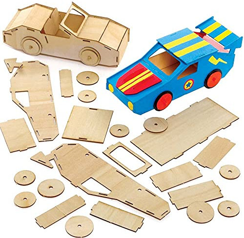 Baker Ross FE625 Racing Car Woodcraft Kits - Pack of 2, Wooden Crafts for Children to Decorate and Display, Kids Educational Activity