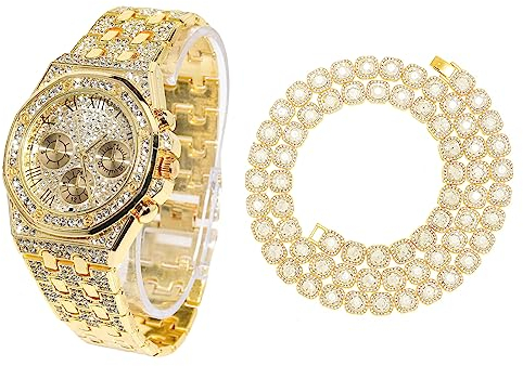 Halukakah Diamant Golduhr für Männer, 18k Echtgold Plattiert 20mm Breite Quarz Armband 22cm,mit Diamant-Cluster Tennis-Ketten Halskette 45cm,mit Geschenkbox