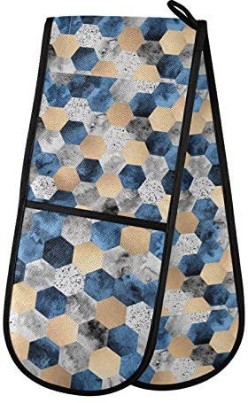 Gold Foil, Gray Marble, Deep Blue Polygons Geometric Hexagon Tile Double Oven Mitt Gloves Extra Long Potholder High Heat Resistant for Baking Cooking Baking Grilling Handling Hots Pans 35x7