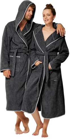 Sowel® Bademantel Damen und Herren, 100% Bio-Baumwolle, Extra Lang mit Kapuze, Morgenmantel, Flauschig, Frottee M, Anthrazit/Grau