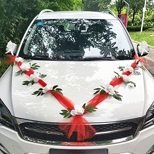 Decoration Voiture Mariage Tulle, Ruban Voiture Mariage, Noeud Voiture Mariage, Kit Decoration Voiture Mariage, Bijoux Mariée Ratan Roses Décoration Voiture Mariage Guirlande Décorative Deco Voiture