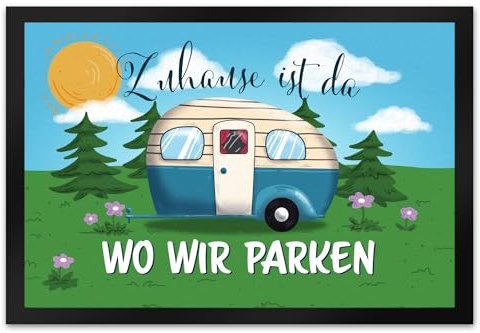 speecheese Zuhause ist da, wo wir parken Wiese Fußmatte XL in 40x60 cm mit Camper-Motiv EIN farbenfroher Fußabtreter als hübsche Geschenkidee für Camping-Begeisterte in jeder Jahreszeit