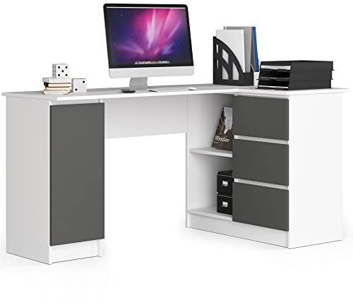 AKORD Eck-Schreibtisch B-20 mit 3 Schubladen, 2 Ablagen und einem Regalfach mit Tür | Schreibtisch | Eck Schreibtisch für Home Office | B155 x H77 x T85, 60 kg | Weiß & Graphitgrau Front