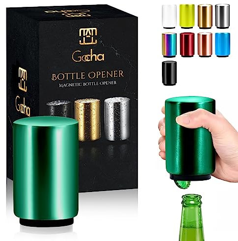 GOCHA Magnetischer Flaschenöffner mit automatischem Kappenfänger, Premium-Edelstahl-Bier- und Limonadenflaschenöffner, Push- und Pull-Design, tragbares Bar-Zubehör (grün)