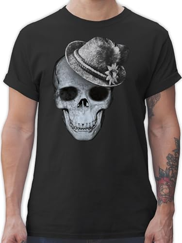 T-Shirt Herren - Kompatibel Oktoberfest - Totenkopf mit Filzhut - 5XL - Schwarz - t Shirt männer Oktober Tshirt bayrisch bayernhut Tshirts bayrische Oberteile bayerische Mode Shirts